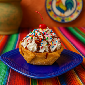 Mexican dessert with whipped cream and cherry at El Reparo in Liberty Indiana